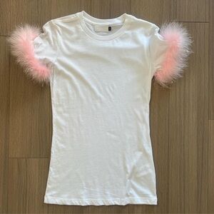 URBAN OUTFITTERS | BARBER: White Tee with Pink Faux Fur Sleeves